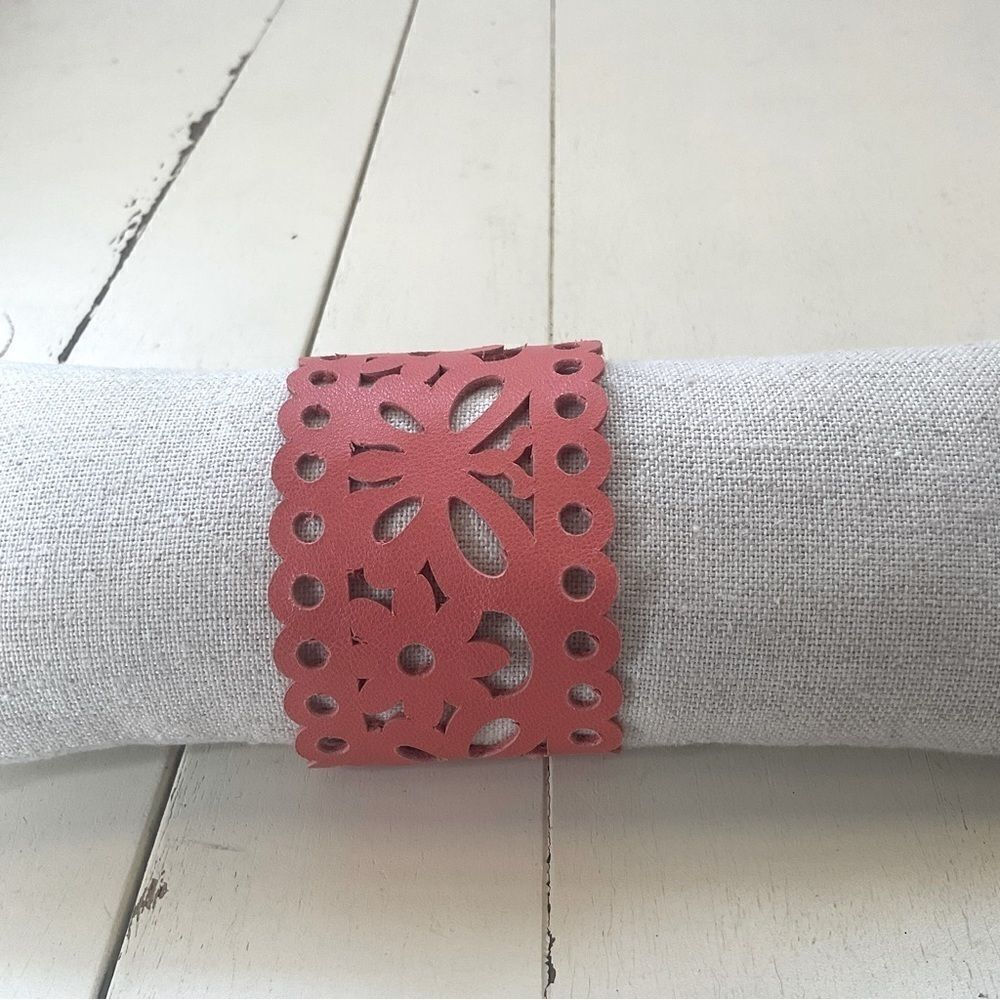 LEATHER Cuff Handmade Cutout Floral Salmon Color